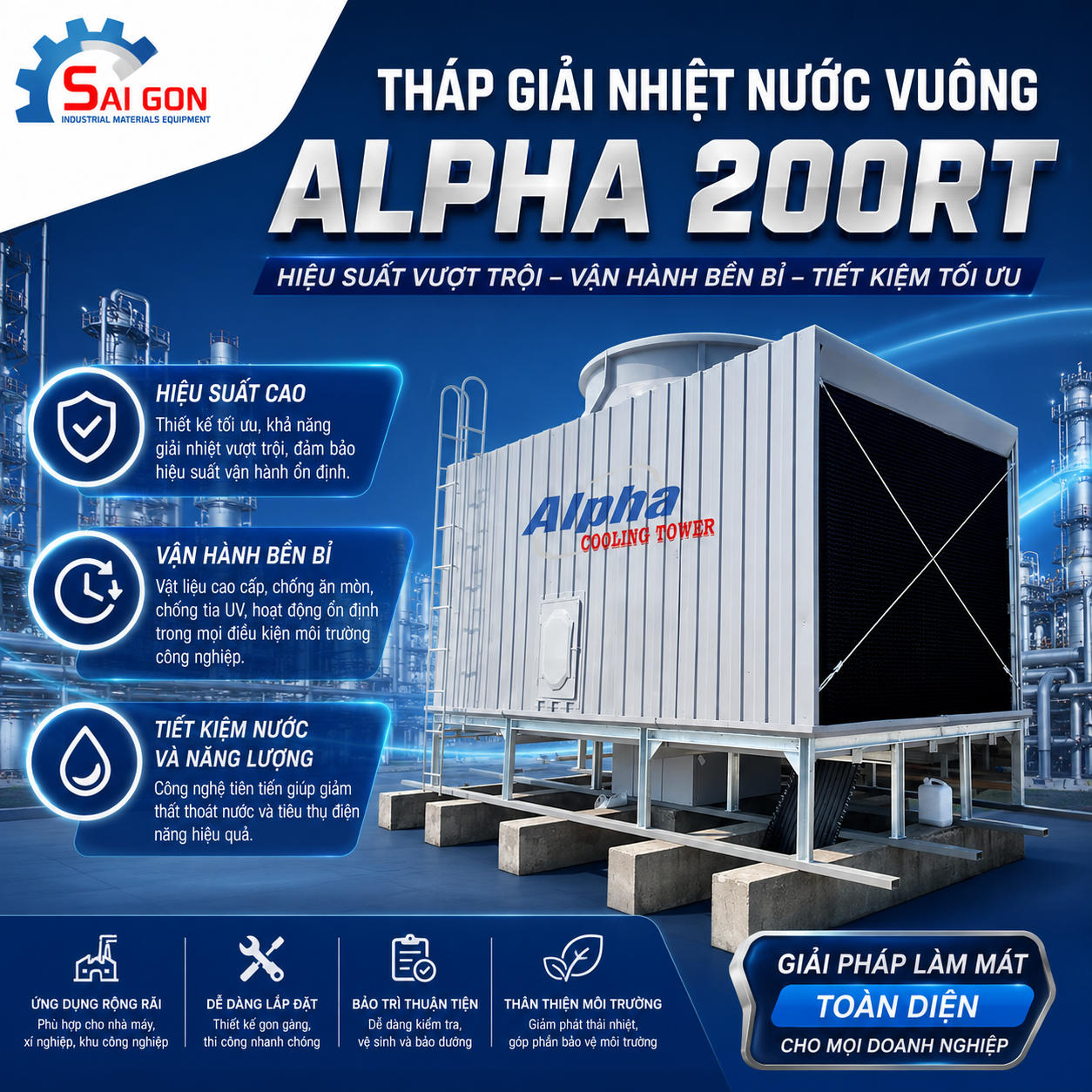 Tháp giải nhiệt alpha vuông 200rt hiệu suất cao thiết bị công nghiệp sài gòn 01