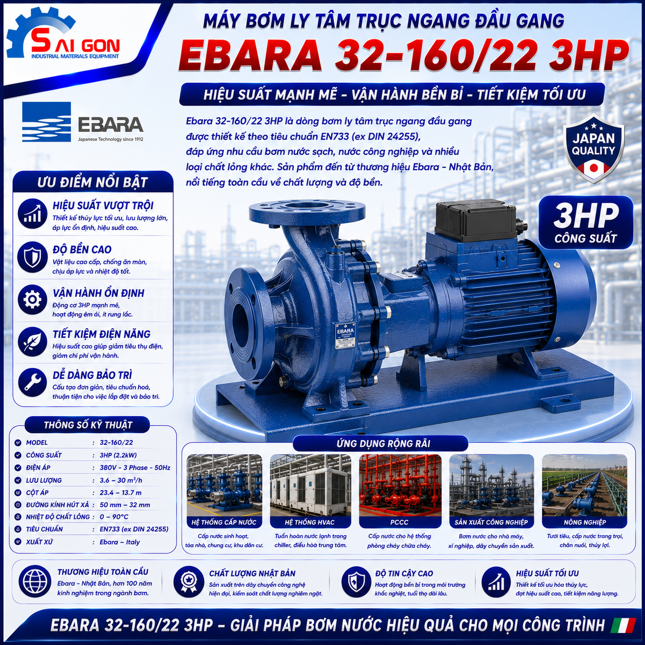Máy bơm ly tâm trục ngang Ebara 32-160/2.2 3HP