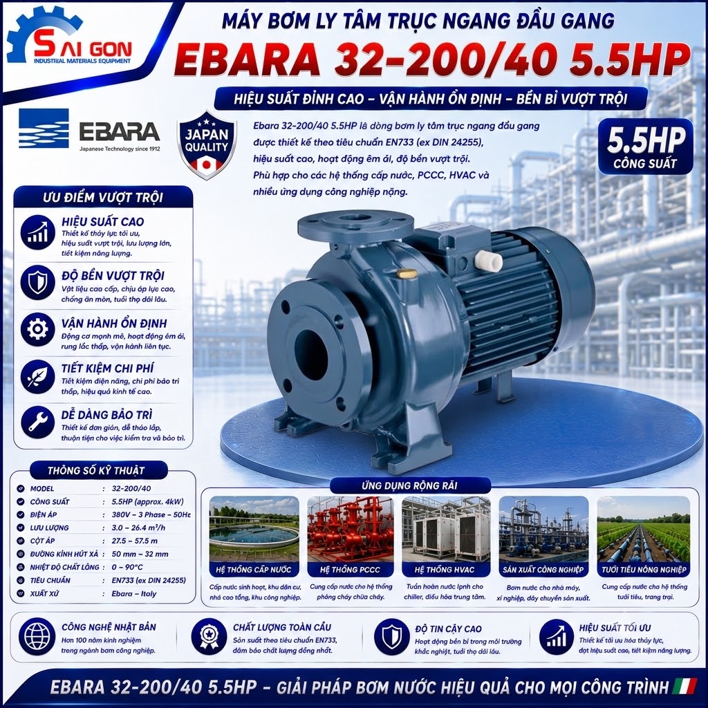 Máy bơm ly tâm trục ngang Ebara 32-200/4.0 5.5HP