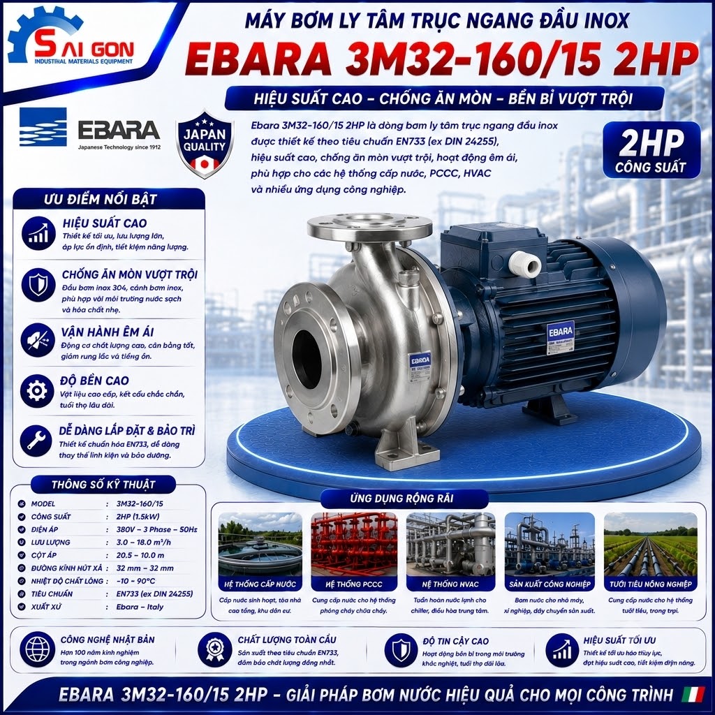 Máy bơm ly tâm đầu inox Ebara 3M32-160/1.5 2HP