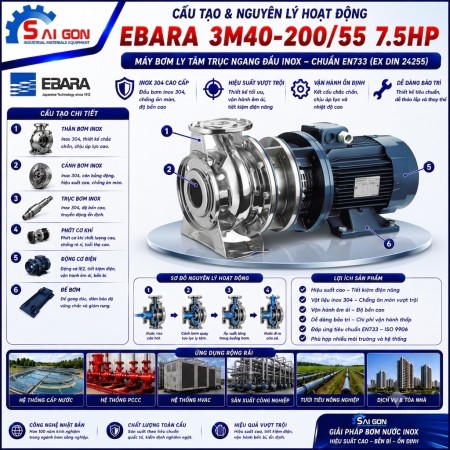 Máy bơm ly tâm đầu inox Ebara 3M40-200/5.5 7.5HP