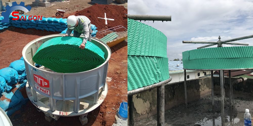 Hình ảnh lắp đặt tấm tản nhiệt PVC tháp giải nhiệt tròn