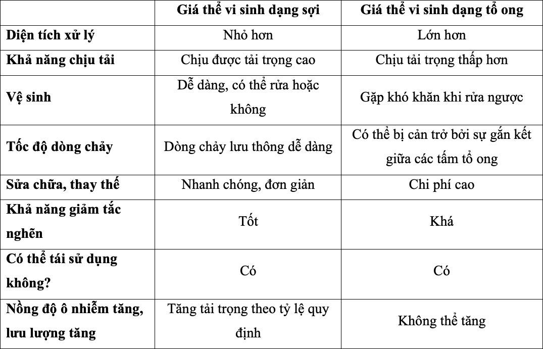Bảng so sánh giá thể vi sinh dạng sợi và dạng tổ ong